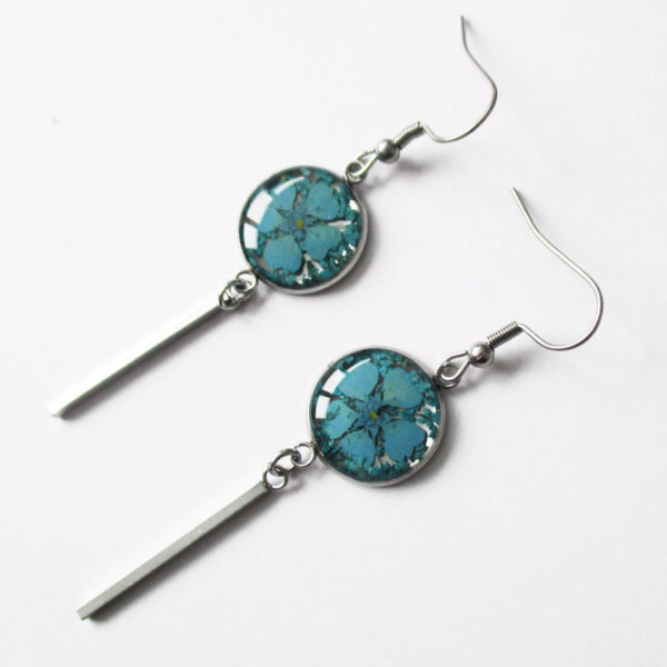 Boucles d'oreilles Melodia bleu bijoux nature turquoise résine inclusion lanaflore bijoux végétal fleurs naturelles cadeau femme original