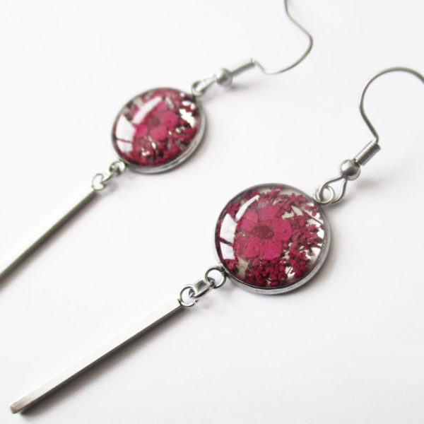 Boucles d'oreilles fuchsia rose prune bijoux nature turquoise résine inclusion lanaflore bijoux végétal fleurs naturelles cadeau femme original