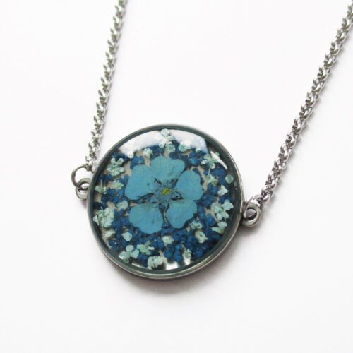 pendentif aqua océan fleurs bleues-résine d'inclusion bijou nature fleur naturelles cadeau floral collier végétal bijou nature femme argent sterling 925
