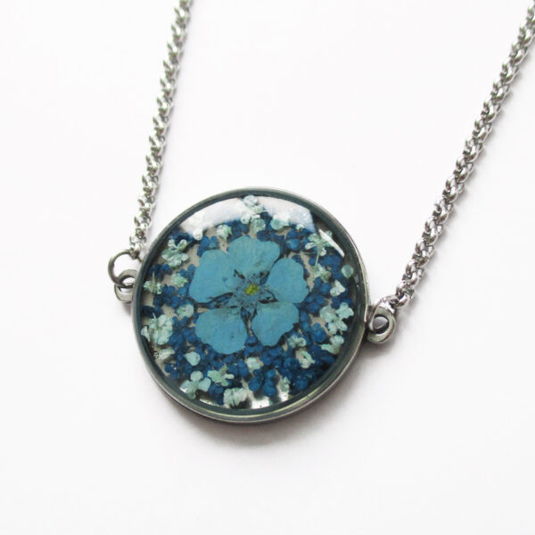 pendentif aqua océan fleurs bleues-résine d'inclusion bijou nature fleur naturelles cadeau floral collier végétal bijou nature femme argent sterling 925