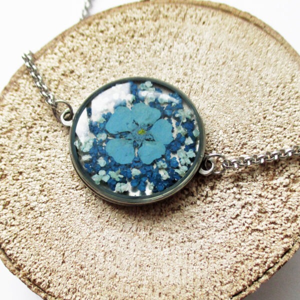 pendentif aqua océan fleurs bleues-résine d'inclusion bijou nature fleur naturelles cadeau floral collier végétal bijou nature femme argent sterling 925