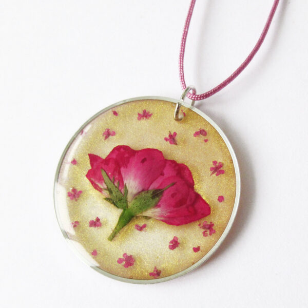 pendentif rose doré végétale collier pétale résine d'inclusion bijoux nature fleurs naturelles cadeau floral femme argent sterling 925