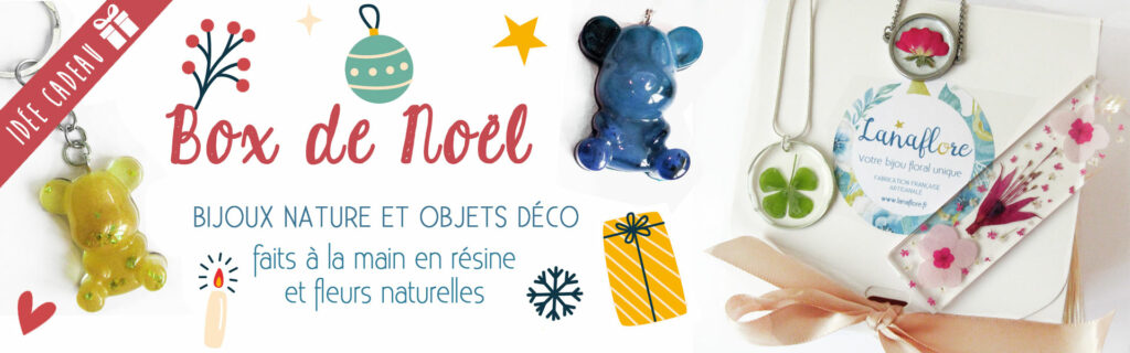 banniere noel 2021 box cadeau bijoux résine et fleurs naturelles fabrication française coffret cadeau pour femme bijou objet déco nature