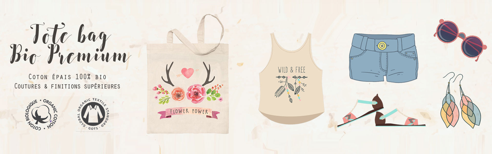 bannière sac tote bag en coton bio design tendance bijoux résine et fleurs naturelles fabrication française coffret cadeau pour femme bijou objet déco nature