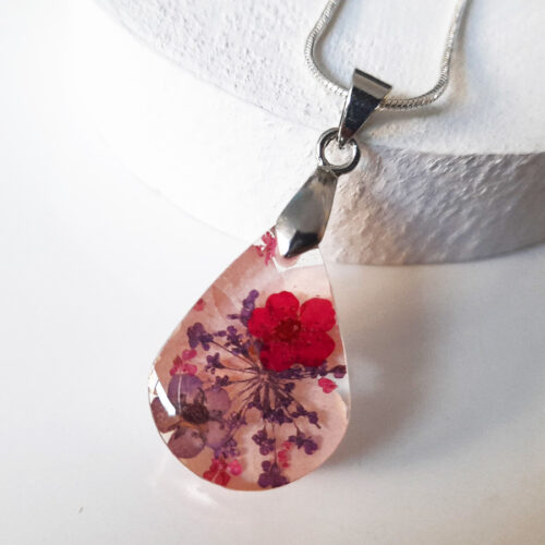 Pendentif pastel bijou nature en résine et fleurs naturelles rose bijoux végétal cadeau femme